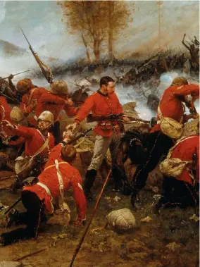  ?? ?? ■ A close-up of Lieutenant Gonville Bromhead as depicted in Alphonse-Marie-Adolphe de Neuville’s depiction of the Battle of Rorke’s Drift. In his first in his first major film role, Michael Caine portrayed Bromhead in Zulu.