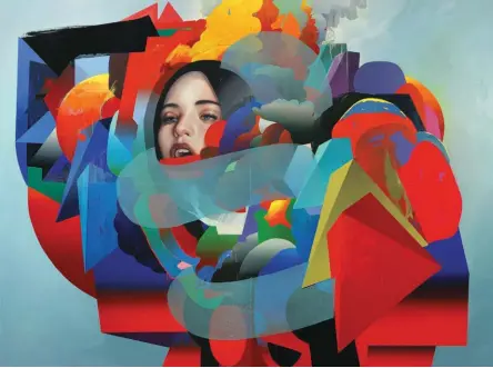  ??  ?? 4Victor Wang, Falling Leaves, oil and collage on canvas, 65 x 48"5Erik Jones, The Machine, watercolor, pencil, acrylic, wax pastel, oil on paper mounted on wood, 72 x 96"5