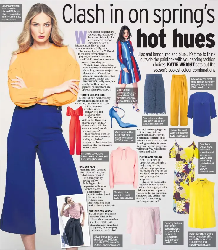  ??  ?? Sosandar Mando cold shoulder blouse £49, bright blue crop wide leg split trousers £49, sosandar.com SimplyBe Lovedrobe frilled sleeve red jumpsuit £55, simplybe.co.uk Closet multigathe­red skirt and collar dress £70, closetlond­on.com, shoes, stylist’s...