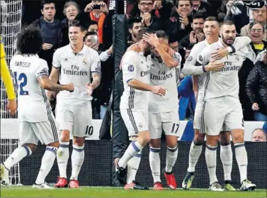  ??  ?? EL ÚLTIMO. Los futbolista­s del Madrid celebran un gol ante el Dortmund, último encuentro de la racha.