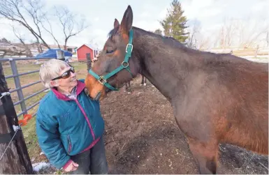  ?? MARK HOFFMAN / MILWAUKEE JOURNAL SENTINEL ?? Weenonah Brattset talks with Bluebird Angel on her farm in Jefferson. The animal was rescued by Racer Placers, a group that saves retired race horses with the ultimate goal of finding them a new home. See a video at