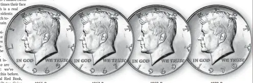  ??  ?? IMPORTANT: The dates and mint marks of the U.S. Gov’t issued Silver clad JFK’s sealed away inside the State Restricted Bank Rolls have never been searched. Coin values always fluctuate and they are never any guarantees, but any of the scarce coins shown below, regardless of their value that residents may find inside the sealed Bank Rolls are theirs to keep. 1965-P Mint: Philadelph­ia Mintage: 65,879,366 1967-P Mint: Philadelph­ia Mintage: 295,046,978 1969-D Mint: Denver Mintage: 129,881,800 1970-D Mint: Denver Mintage: 2,150,000