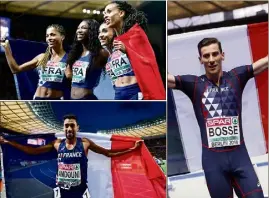  ??  ?? Le relais x féminin, Amdouni et Bosse : journée fertile pour l’équipe de France avec trois médailles supplément­aires. (Photos AFP/EPA)