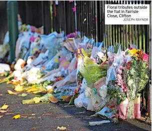  ?? JOSEPH RAYNOR ?? Floral tributes outside the flat in Fairisle Close, Clifton