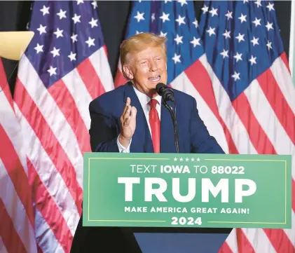  ?? SCOTT OLSON/GETTY ?? Former President Donald Trump speaks to supporters during a Farmers for Trump campaign event July 7 at the MidAmerica Center in Council Bluffs, Iowa.