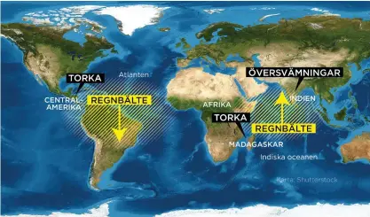  ?? KARTA: JOHAN HALLNÄS ?? Regnbältet förskjuts åt olika håll på var sida om Afrika.