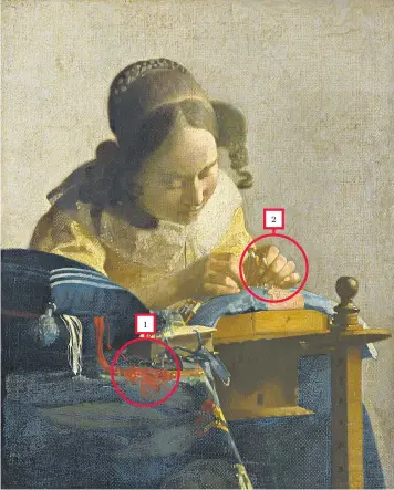  ?? ?? Johannes Vermeer’s 1670 painting The Lacemaker, which Rijksmuseu­m expert Gregor J.M. Weber has argued shows a blurred foreground (1) and background (2) – a clue that a camera obscura was used and the artist copied the blurred image it projected