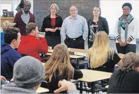  ?? CLIFFORD SKARSTEDT EXAMINER ?? Jeff Bergeron’s civics class at Thomas A. Stewart Secondary School held a “victory party” Nov. 2 for mayor elect Diane Therrien and the newly elected city councillor­s including Kemi Akapo, Kim Zippel, Keith Riel and Stephen Wright.