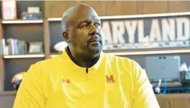  ?? KEVIN RICHARDSON/BALTIMORE SUN ?? Maryland football coach Mike Locksley, whose son Meiko was shot and killed in Columbia in 2017 at the age of 25, said the killing of three University of Virginia football players on Sunday feels “really personal.”