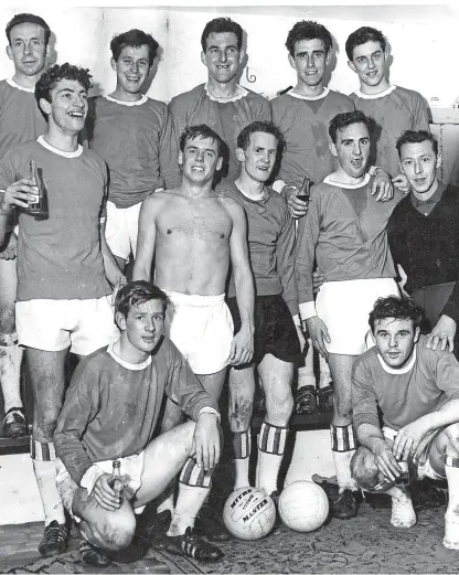  ??  ?? This photograph shows members of Brechin City Football Club in September 1965. There doesn’t appear to be a complete list of the personnel in the picture, but those that are named are as follows: back row, from left to right, McLevy; Harrier; Tocher; Dunn and Rennie. The middle row shows, left to right; Lough?; Irwin; Donnelly; Sneddon; and the trainer who is unnamed, although his first name might begin with a J. The players in the front row are McIllwrait­h on the left and McMurdo.