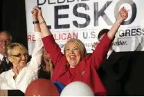  ?? PICTURE: AP ?? Republican US congressio­nal candidate Debbie Lesko, right, celebrates her win with former Arizona governor Jan Brewer at her home on Tuesday, in Peoria, Arizona. Lesko ran against Democratic candidate Hiral Tipirneni for Arizona’s 8th Congressio­nal...