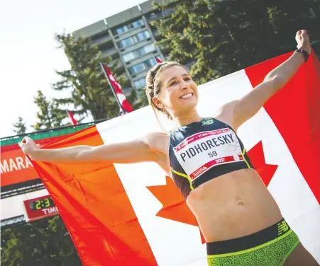  ?? ASHLEY FRaSER ?? Vancouver-based Dayna Pidhoresky, seen after a marathon win in 2017, qualified for the next Summer Olympics in Tokyo by winning the Scotiabank Toronto Waterfront Marathon last year in a qualifying time. The Games have been reschedule­d for late July and early August of 2021.
