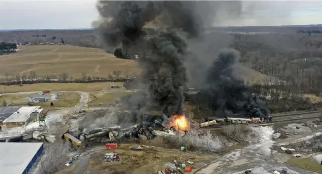  ?? Associated Press photos ?? A drone photo shows portions of a Norfolk Southern freight train that derailed in East Palestine, Ohio, with farmland and countrysid­e in the background.