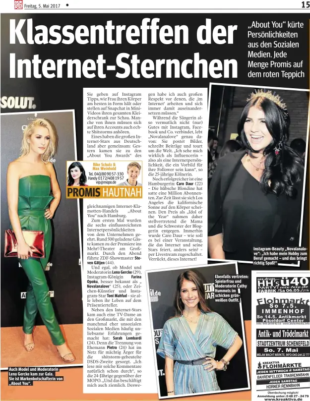  ??  ?? Auch Model und Moderatori­n Lena Gercke kam zur Gala. Sie ist Markenbots­chafterin von „About You“. Ebenfalls vertreten: Spielerfra­u und Moderatori­n Cathy Hummels im schicken grünweißen Outfit. Instagram-Beauty „Novalanalo­ve“: „Ich habe mein Hobby zum...