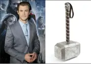  ?? AP PHOTO, LEFT, AND JULIENS AUCTIONS VIA AP ?? This combinatio­n photo shows actor Chris Hemsworth at the U.S. premiere of his film “Thor: The Dark World” in Los Angeles on Nov. 4, 2013, left, and a photo of the hammer from the film which will be going up for action July 15 through July 17 at Julien’s Auctions.