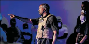  ?? Picture: REUTERS/ RANDALL HILL ?? Rapper Kanye West calls for a question from the crowd as he holds his first rally in support of his US presidenti­al bid, in North Charleston, South Carolina, on Sunday.