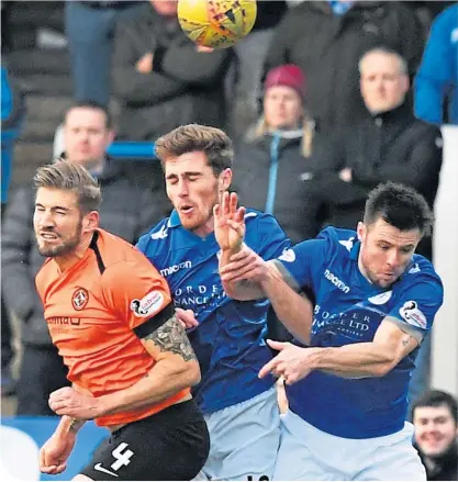  ??  ?? United’s Frederic Frans and Queens’ Ian Mcgrath and Callum Fordyce challenge