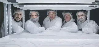  ??  ?? From left, Beleave CEO Roger Ferreira, COO Bill Panagiotak­opoulos, CFO Bojan Krasic, director Gordon Harvey and master grower Shane Stubbs at their Hamilton facility. After years of hardship, co-founder Panagiotak­opoulos and his friends are among the...