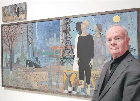  ?? PHOTOS: NICK BRANCACCIO ?? Chris Finn, curator of education, stands beside a 1959-60 oil and gold leaf on Masonite work by Kenneth Saltmarche at the Art Gallery of Windsor. The work is part of the Rememberin­g Through Art exhibition, which is geared to people with dementia and...