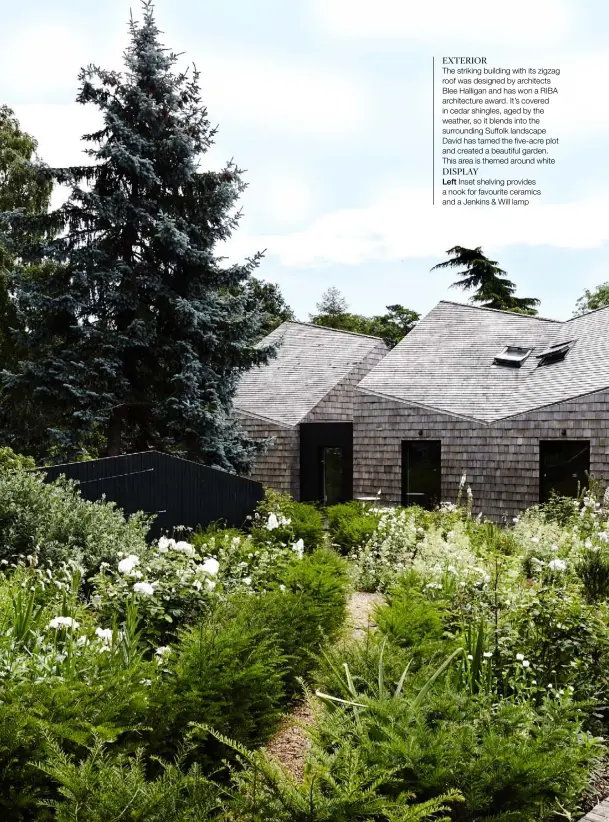  ??  ?? EXTERIOR
The striking building with its zigzag roof was designed by architects Blee Halligan and has won a RIBA architectu­re award. It’s covered in cedar shingles, aged by the weather, so it blends into the surroundin­g Suffolk landscape David has tamed the five-acre plot and created a beautiful garden. This area is themed around white DISPLAY
Left Inset shelving provides a nook for favourite ceramics and a Jenkins & Will lamp