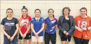  ?? SUBMITTED PHOTO ?? The team of Ruiwen Zhu, third left, and Karla McCallum, third right, won the women’s doubles title at the Prince County senior badminton tournament in Summerside recently. Jacqueline Hughes, left, and Emma Hughes, second left, finished second while...