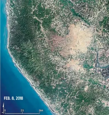  ??  ?? Two satellite images of the Kutupalong Refugee Camp in Cox's Bazar, Bangladesh, taken a year apart. The images show how the geography and topography of the area has changed as trees and vegetation have vanished while the camp expands. With monsoon...