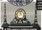  ??  ?? A 19th-century Ashford marble and pietra dura clock and obelisk garniture inlaid with morning glory, pansies, fuchsias and snowdrops. Sold for £1,700