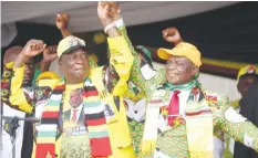  ?? — Picture:Justin Mutenda ?? President Emmerson Mnangagwa and Vice-President Dr Constantin­o Chiwenga greet the thousands of ZANU-PF supporters who turned out for the Presidenti­al Thank You rally at Murombedzi growth point in Zvimba yesterday.