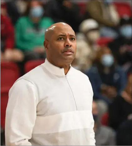  ?? RICH HUNDLEY III — FOR THE TRENTONIAN ?? Rider coach Kevin Baggett looks on from the sideline against Marist during a MAAC men’s basketball game at Alumni Gymnasium. The Broncs open their 2022-23 season at Providence on Nov. 7.