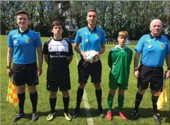  ??  ?? Match officials with Coola PPS captain and goalscorer Sam Tuohy and Dublin Oak Academy’s Diego Sierra.