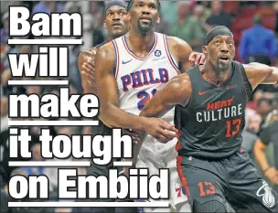  ?? ?? NOT ELITE VS. HEAT: Joel Embiid has averaged 19.3 ppg in seven career playoff games against Miami’s Bam Adebayo. Thus, Action Network’s Andrew Norton is grabbing Under 30.5 for the 76ers star’s points prop in Wednesday’s NBA play-in game.