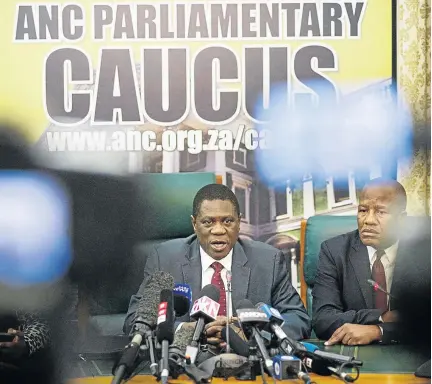  ?? /RODGER BOSCH/ AFP ?? ANC treasurer-general Paul Mashatile and parliament­ary chief whip Jackson Mthembu. A motion of no confidence in President Jacob Zuma will no longer be debated in parliament today.