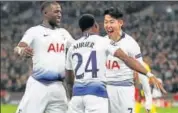  ?? REUTERS ?? Tottenham's Son Heung-min (right) celebrates their first goal against Dortmund with Serge Aurier and Moussa Sissoko.