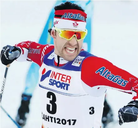  ?? MATTHIAS SCHRADER/THE ASSOCIATED PRESS ?? Alex Harvey celebrates winning the men’s 50-kilometre race during the 2017 Nordic World Ski Championsh­ips in Lahti, Finland, on Sunday. Harvey says the world title “means everything … this is what I’ve been striving for and dreaming of since I was a kid.”