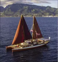  ?? Polynesian Voyaging Society KAIPO KI‘AHA photo ?? On Wednesday, Hokule‘a departed Sand Island on Oahu and headed for West Maui. The canoe will stop at Olowalu this morning to celebrate the designatio­n of the reef as a “Mission Blue Hope Spot” before sailing into Honolua Bay at 4 p.m.