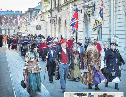  ?? PHOTOS: GERARD O’BRIEN ?? Back to the future . . . Steampunk enthusiast­s parade down Harbour St on Saturday as part of the Steampunk NZ Festival held in Oamaru over the weekend.