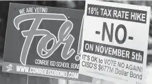  ?? Jason Fochtman / Staff photograph­er ?? Signs for and against Conroe ISD’s bond are displayed at the South Montgomery County Community Center on Election Day.