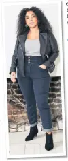  ??  ?? JD Williams leather biker jacket £160; indigo jeans £35; grey marl vests £12 for three; flexi sole kitten heel ankle boots, £16.50-£30