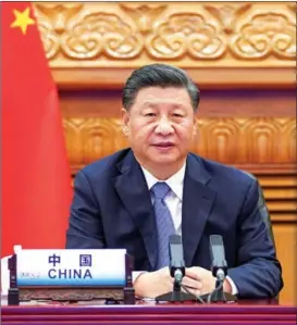  ?? XINHUA ?? President Xi Jinping addresses the virtual 12th BRICS Summit via video link in Beijing on Nov 17.