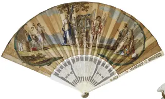  ??  ?? 4. Fan depicting ‘The Marriage of King George III and Princess Charlotte of Mecklenbur­g-Strelitz, 1761’, 1761, printed paper and ivory, ht 27cm (guardstick). Royal Collection Trust