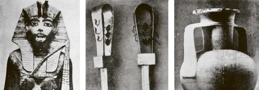  ?? COPIES OF PICTURE AVAILABLE FROM ODT FRONT OFFICE, LOWER STUART ST, OR WWW.OTAGOIMAGE­S.CO.NZ ?? Artifacts from Tutankhamu­n's grave: A portrait figure of the king in gilt wood, two sistra (musical instrument­s) and a large calcit vase used for containing wood pitch or sacred oils. — Otago Witness, 24.7.1923