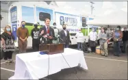  ?? Ned Gerard / Hearst Connecticu­t Media ?? U.S. Sen. Richard Blumenthal speaks during a news conference next to the mobile COVIE-19 testing site set up outside Mount Aery Church, in Bridgeport on Friday.