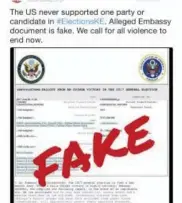 ?? U.S. EMBASSY NAIROBI — TWITTER VIA AP ?? This Tweet from the U.S. Embassy in Nairobi from calls out a alleged embassy document as being fake news. The United States government is gearing up to fight fake news. But the campaign doesn’t involve fake news at home, where it’s the subject of...