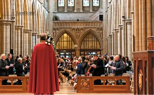  ??  ?? Canon Alan Bashforth, a toy dog representi­ng his pet, which is too frail to attend, looks on as the Nativity group makes its way down the centre aisle prior to the blessing.