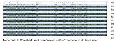  ??  ?? Traceroute in Wireshark: met deze 'packet sniffer' zijn behalve de trace naar ct.nl nog andere IP-gegevens te zien, zoals het feit dat de hop limit niet alleen geldt voor de pakketten die naar het doel worden verstuurd, maar ook voor de antwoordpa­kketten van de router.