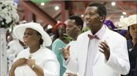  ??  ?? Pastor Adeboye and wife, Folu, at the thanksgivi­ng service
