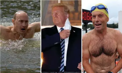  ??  ?? L: Russian president Vladimir Putin swimming in an icy lake, M: US president Donald Trump removing his mask after testing positive for Covid-19 and returning to the White House regardless, R: former Australian prime minister Tony Abbott after a charity swim Composite: Mick Tsikas/ Win McNamee/Alexei Druzhinin