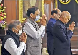  ?? — PTI ?? President Ram Nath Kovind, vice-president and Chairman of Rajya Sabha M. Venkaiah Naidu, Lok Sabha Speaker Om Birla , Deputy Chairman Harivansh Narayan Singh and Chairperso­n of Public Accounts Committee Adhir Ranjan Chowdhury during the inaugural function marking centennial year celebratio­n of Public Accounts Committee, in New Delhi on Saturday.