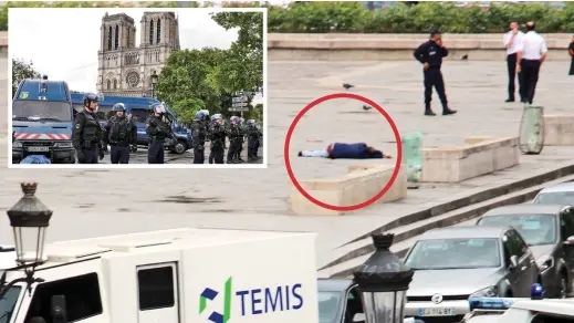  ??  ?? Aftermath: The man, circled, was shot and injured by police outside Notre Dame. Inset: Officers guard the cathedral