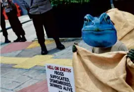  ?? ISMOYO/AFP VIA GETTY IMAGES ?? An animal rights activist rallied in front of the French Embassy in Jakarta last month to protest France’s dish.